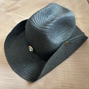 Women’s Black Straw Cowboy Hat with Decorative Conchos